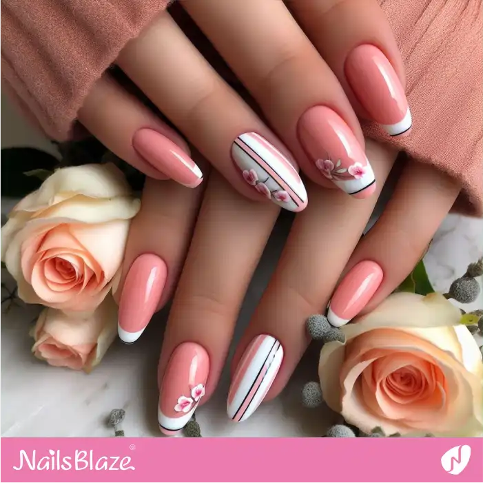Striped Peach Fuzz Nails Floral Design | Color of the Year 2024 - NB1867